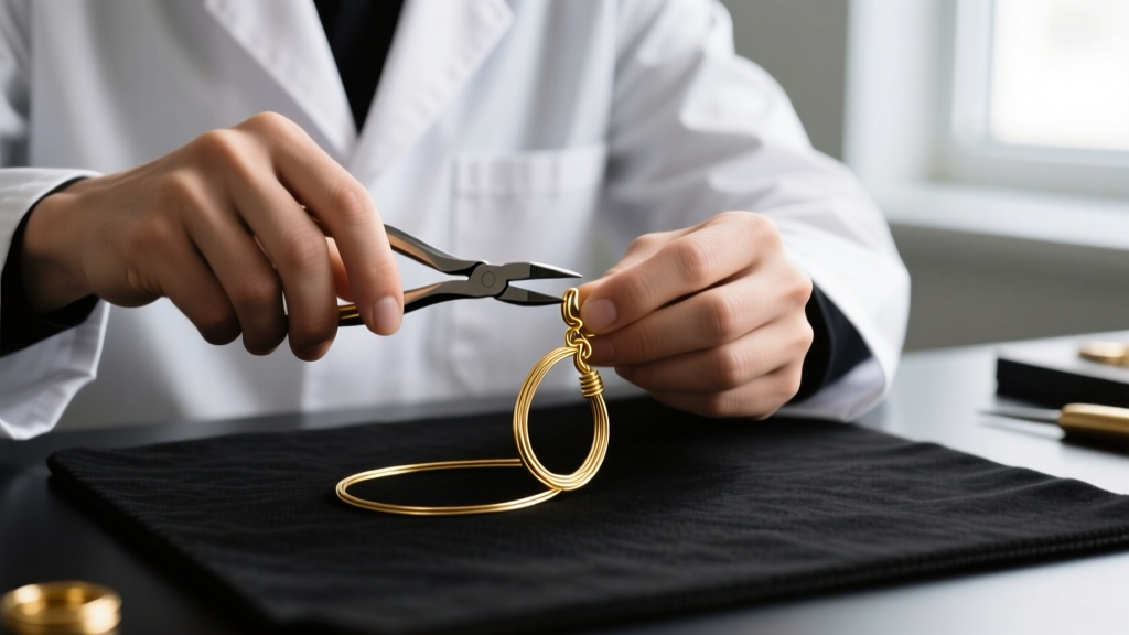 Jeweler using nylon pliers to gently bend the wire of a gold leverback earring to restore clasp tension on a dark workbench mat