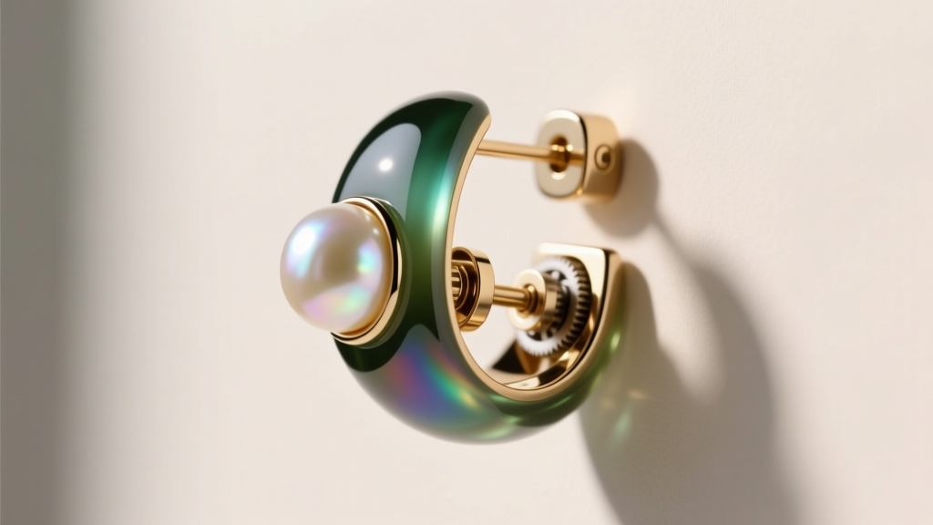 Side profile of a resin and pearl Loewe stud earring, showing the hidden counterweight mechanism that prevents earlobe drooping.