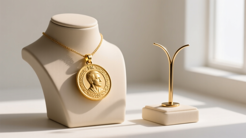 Side-by-side comparison of a thick solid 14k gold medallion pendant and a thin brass alternative on a neutral jewelry display bust.