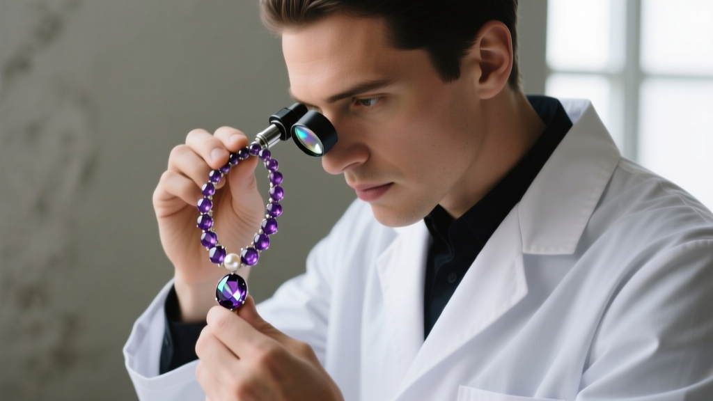 Jeweler using a loupe to inspect a pearl drill hole on an amethyst necklace, revealing nacre layers and the internal bead nucleus.