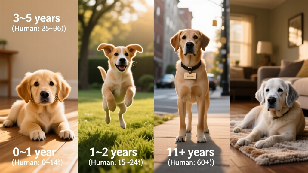 Illustration of four life stages: puppy, adolescent, adult, and senior dog, each with corresponding human age ranges