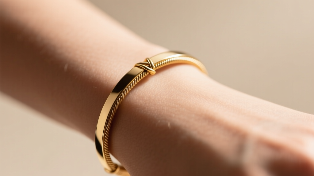 Macro shot of a gold permanent bracelet on a wrist, highlighting the seamless micro-welded connection point in soft daylight