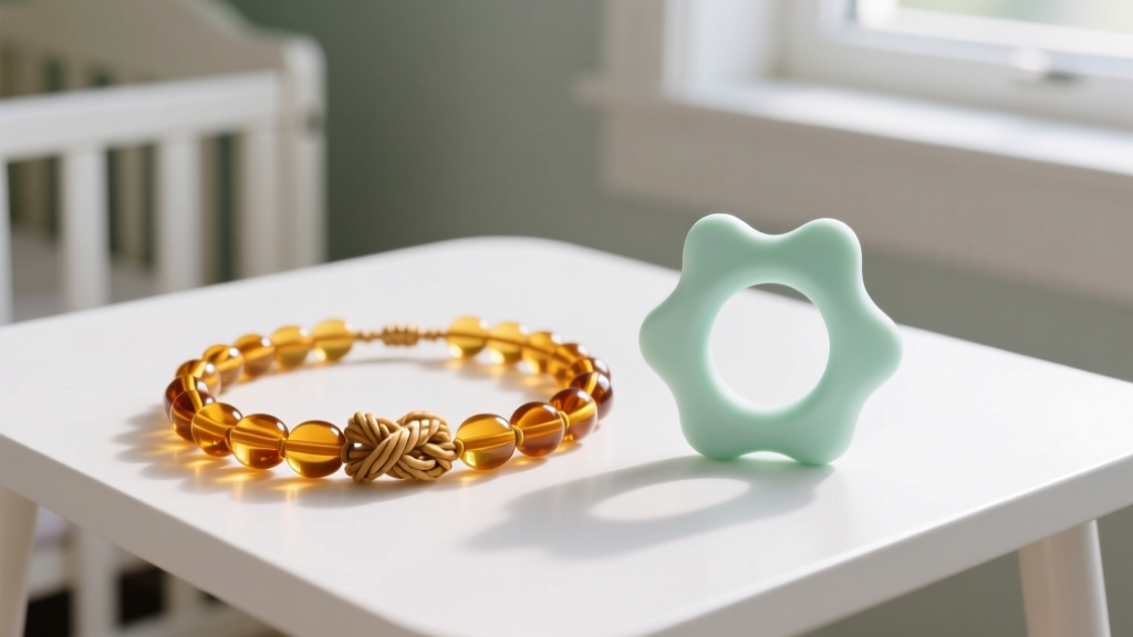 Side-by-side comparison of knotted amber necklace and solid food-grade silicone teething ring on a clean white nursery table.
