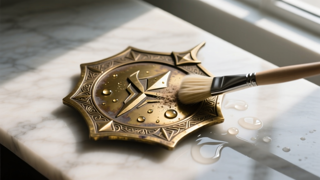 Overhead view of a tarnished brass Behelit Berserk replica being gently cleaned with a soft-bristled brush and mild soapy water.