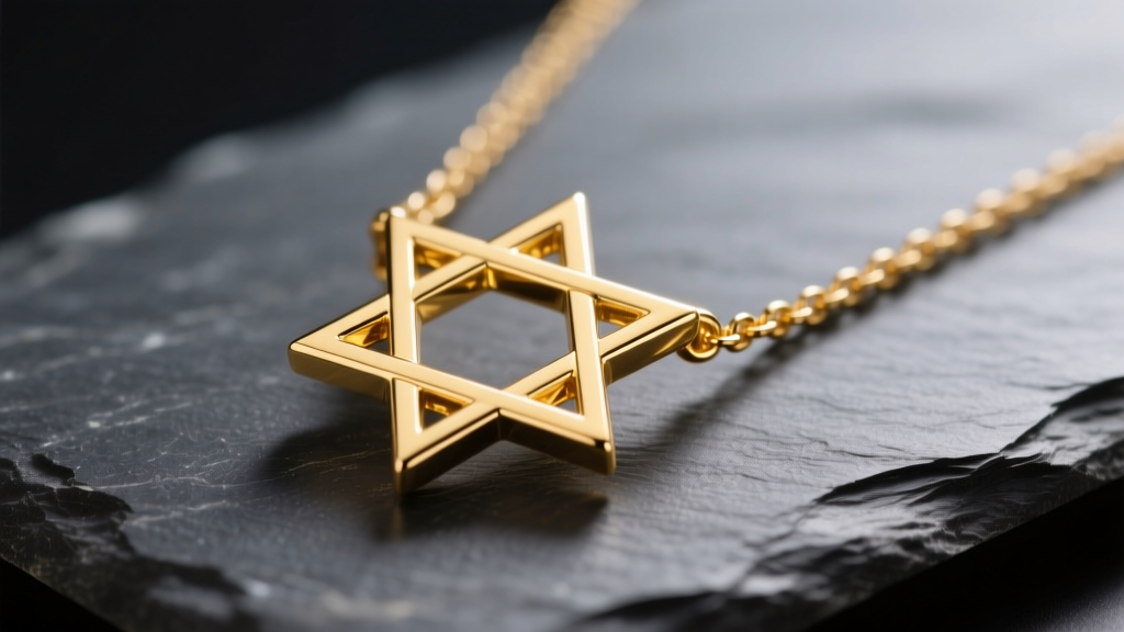Close-up of a polished 14k yellow gold Star of David necklace resting on dark slate, highlighting the intricate geometric cutouts.