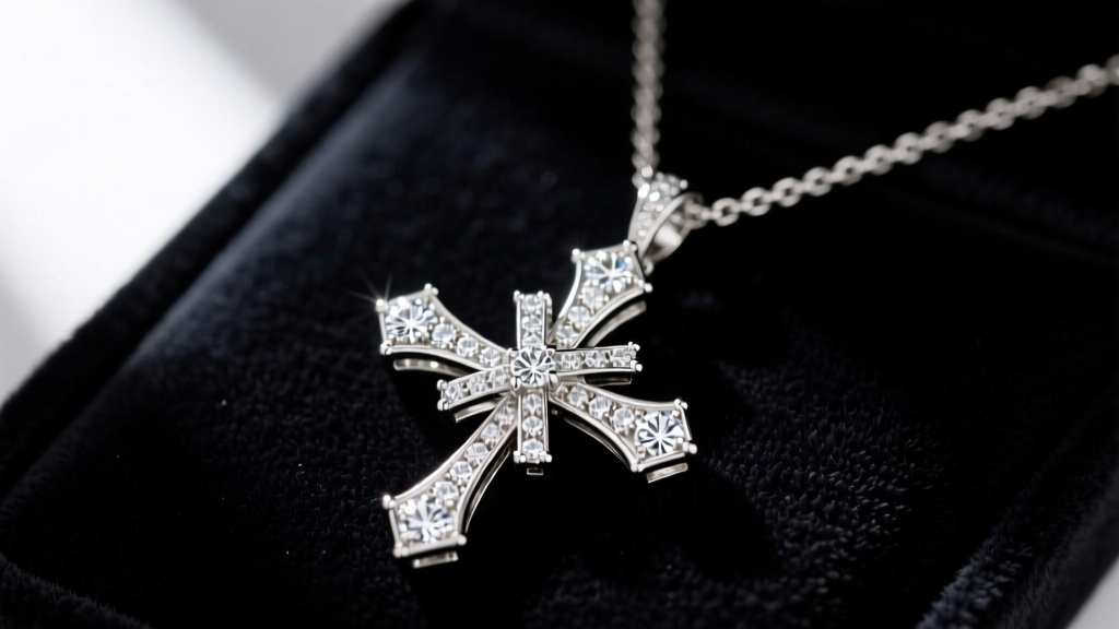 Close-up of an 18k white gold Damiani Belle Époque necklace pendant with movable diamond crosses resting on dark velvet