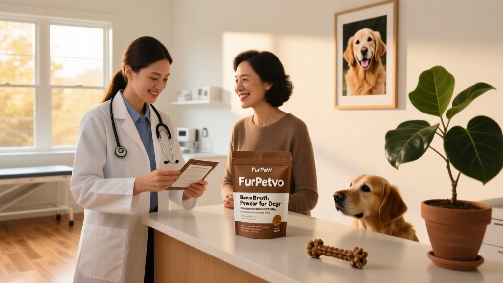 Veterinarian reviewing FurPetVo product label with a pet owner in a calm clinic setting