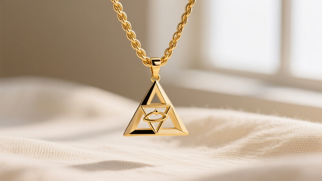 Close-up of a 2.5mm 18k gold wheat chain holding a solid 15-gram geometric Atlantis pendant against a soft linen backdrop fabric.