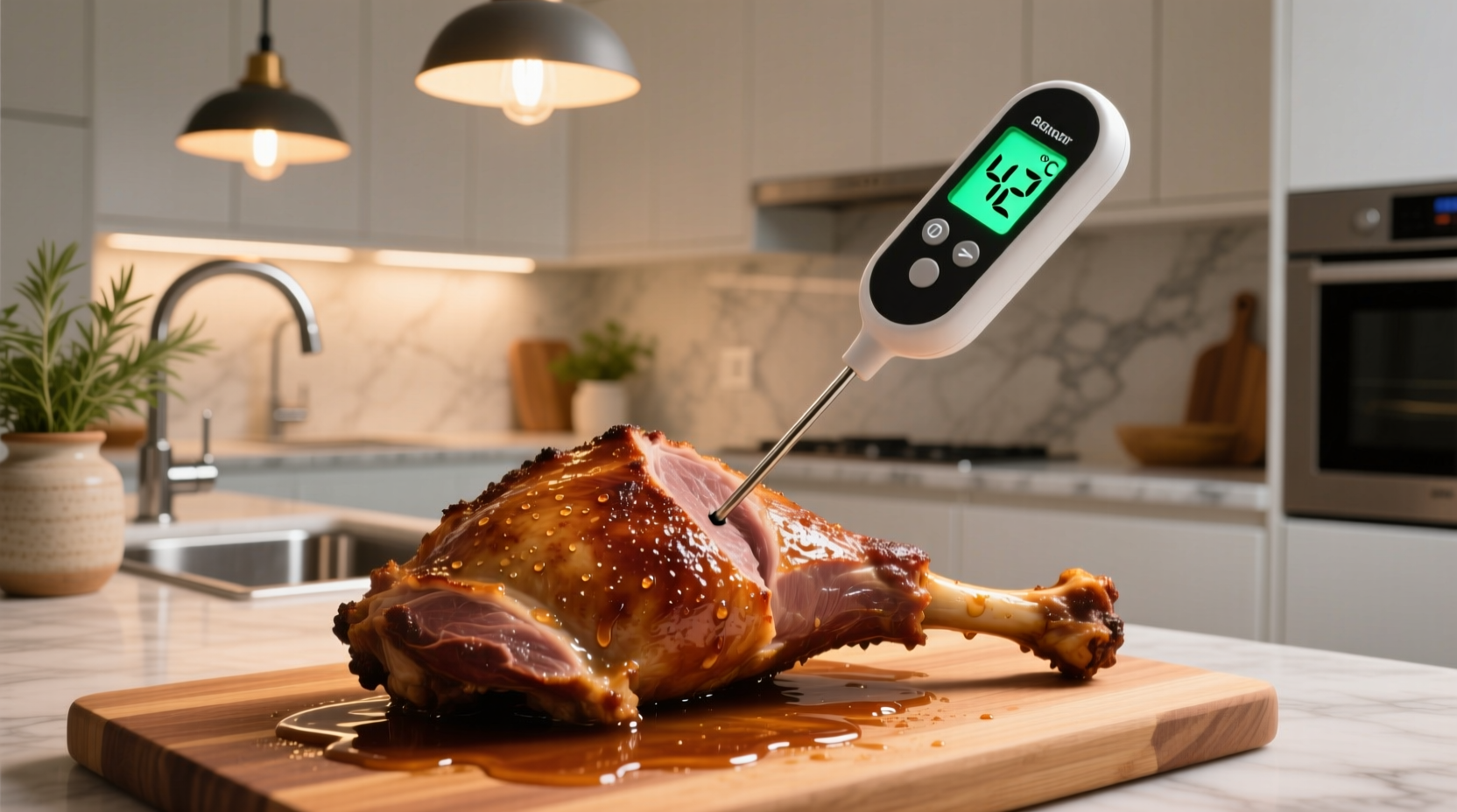 Digital thermometer measuring lamb temperature in kitchen
