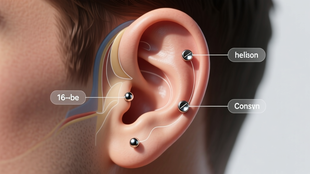 Anatomical diagram overlay on a male ear showing lobe, helix, and conch piercing placements with 16-gauge titanium starter jewelry