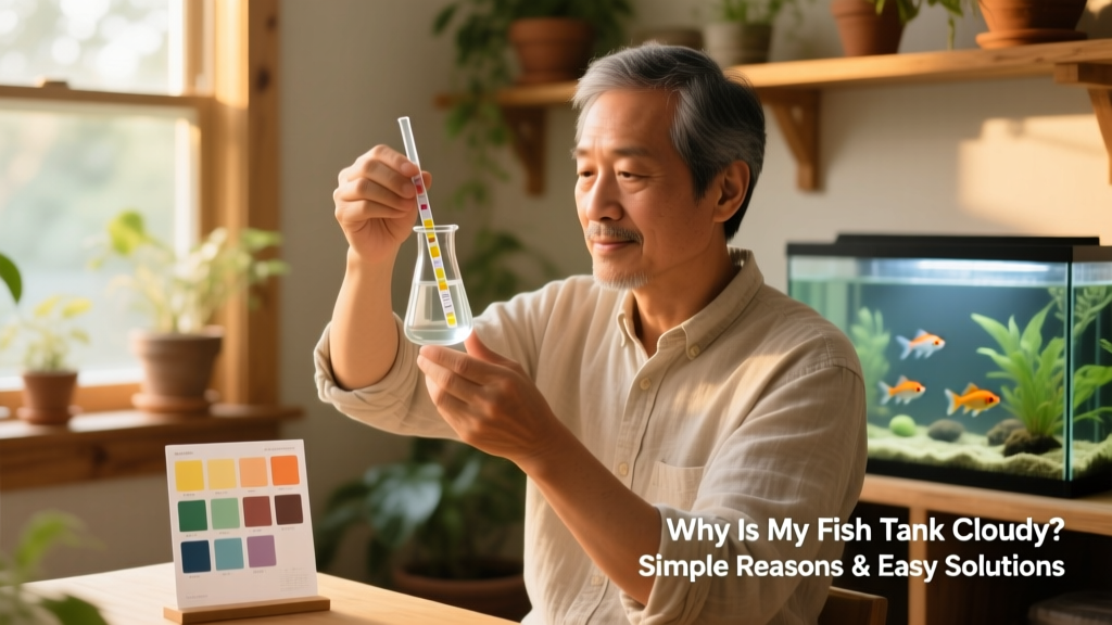 Aquarist testing water clarity with a simple dip-test kit, holding a color chart beside a clear sample vial