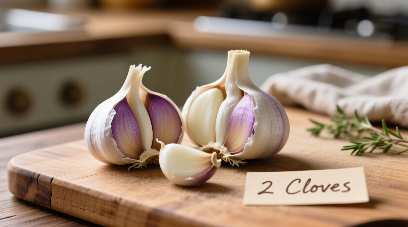 Knoblauchzehen unterschiedlicher Größenklassen mit Maßangaben