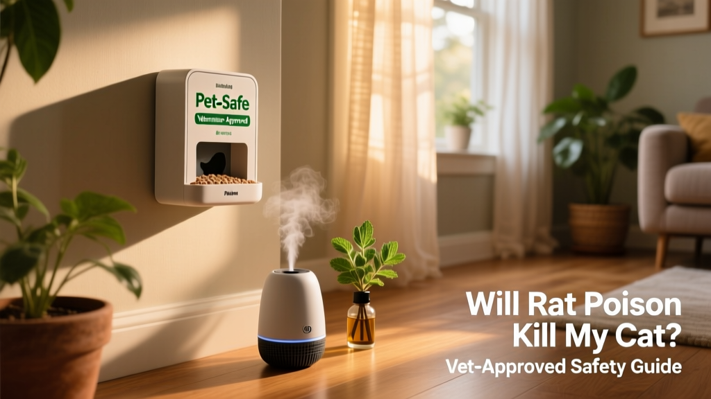 Cat-safe home environment: sealed bait station placed high and inaccessible, alongside natural deterrents like peppermint oil diffuser and ultrasonic repellent device