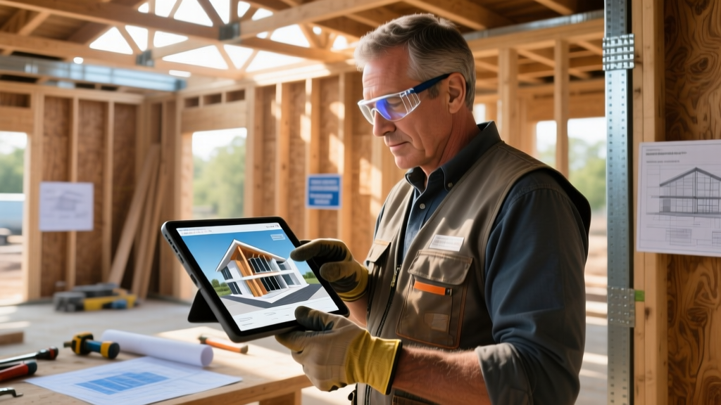 Commercial contractor reviewing digital building material catalogs and BIM models on a rugged tablet at an active framing site