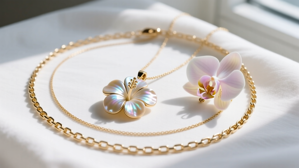 Flat lay of layered necklaces with mother of pearl hibiscus, delicate orchid charm, and gold box chain on white linen fabric.