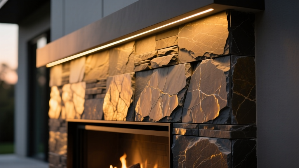 Close-up of natural slate stone veneer ledger panels installed on a modern exterior fireplace wall with warm LED uplighting at dusk