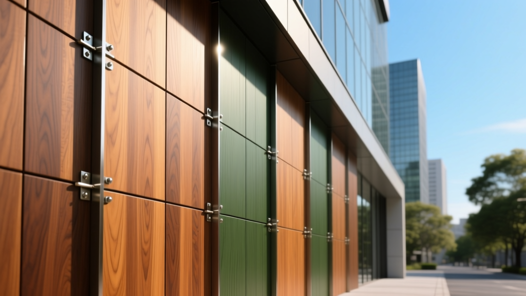 Sustainable engineered tropical hardwood cladding panels secured with hidden stainless steel clips on a modern commercial facade