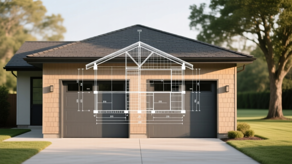 Architectural blueprint overlaying a finished two-car detached garage with LP SmartSide lap siding and asphalt shingle roofing