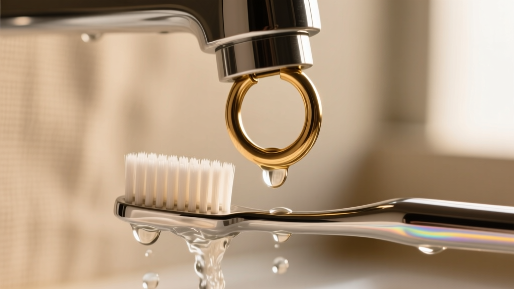 Soft-bristled toothbrush gently scrubbing the post of an 18-gauge titanium huggie hoop earring under warm running tap water
