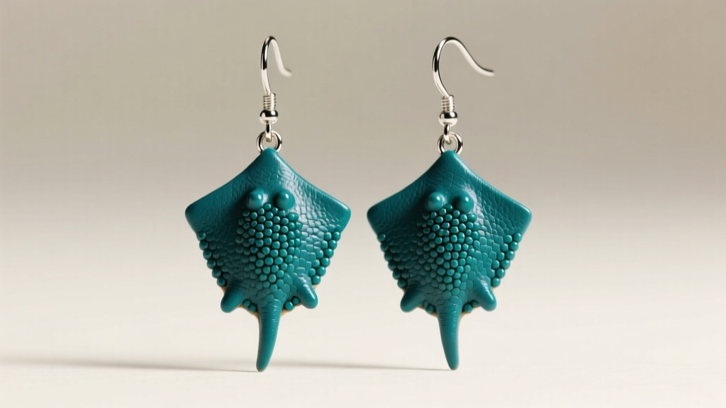 Macro shot of teal stingray leather drop earrings with silver hooks showing calcified beaded texture under soft studio lighting.