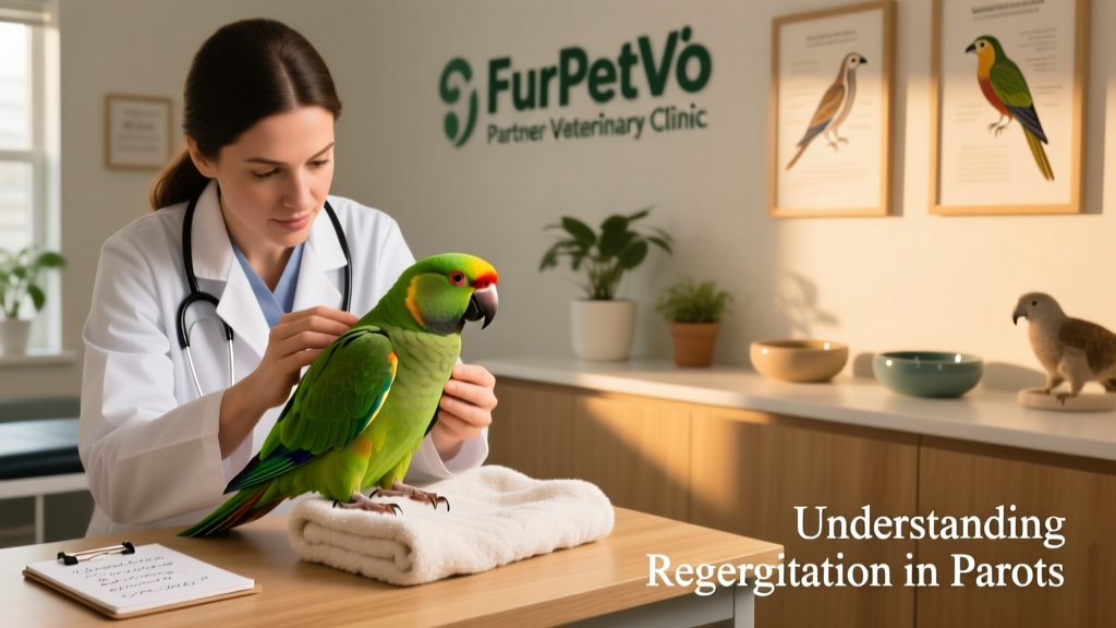 An avian vet gently examining a conure’s crop during a wellness check at FurPetVo’s partner clinic