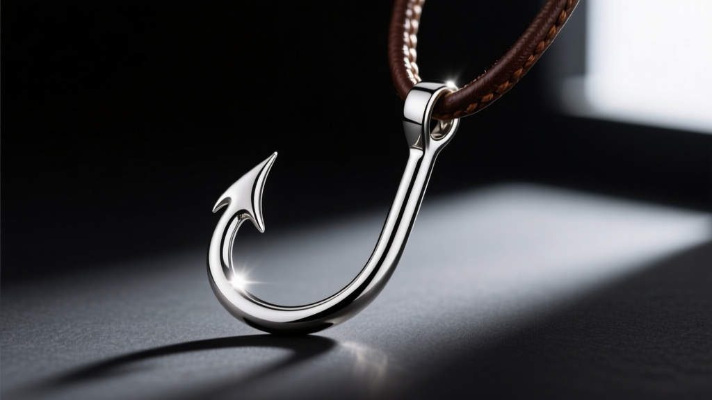 A polished 316L stainless steel Maui fish hook pendant resting on a dark leather cord, illuminated by dramatic side lighting.