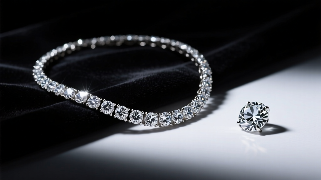 Close-up of a sparkling diamond rivière necklace on dark velvet next to a dull glass paste replica under dramatic, moody lighting.