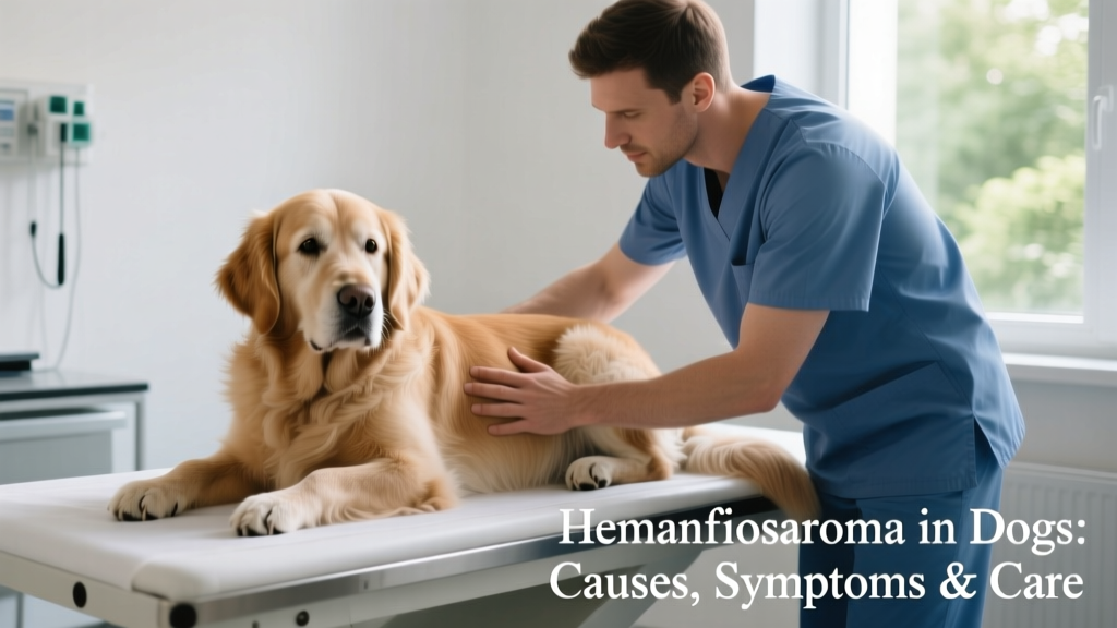Senior golden retriever resting calmly during a veterinary exam, with vet gently palpating abdomen