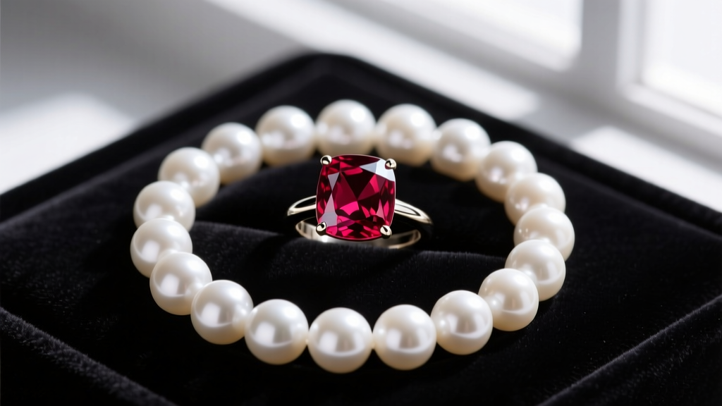 Vivid 2-carat pigeon blood ruby ring surrounded by a halo of lustrous white Akoya pearls resting on dark velvet jewelry display
