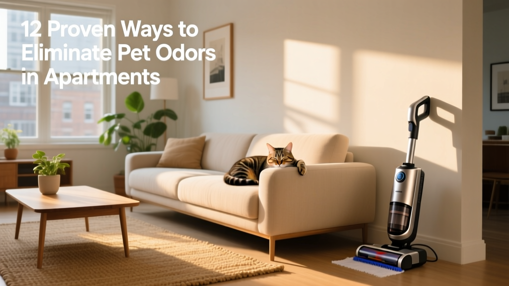 A clean, sunlit apartment living room with a cat napping on a sofa and a vacuum cleaner nearby