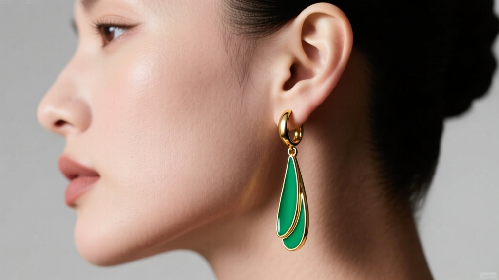 Side profile of a wearer showcasing a gold and green enamel dangle earring, highlighting lobe thickness and earring drop length.