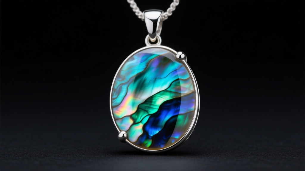 Macro shot of an abalone pendant in silver, showing vibrant blue and green iridescent nacre under soft studio lighting