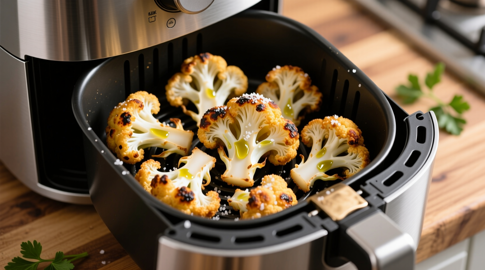 Golden brown crispy cauliflower florets in air fryer basket