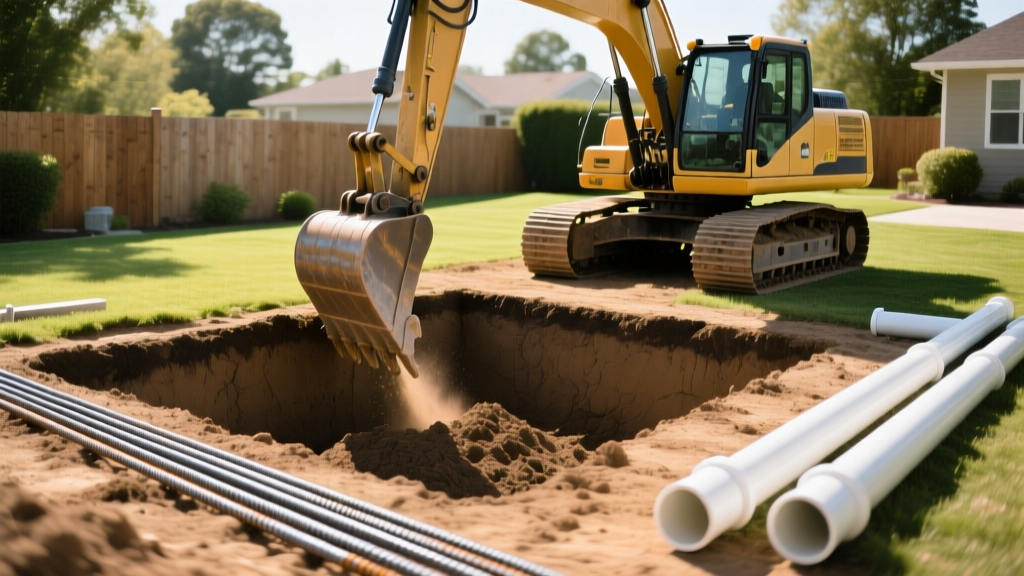 Excavator digging a rectangular hole in a sunny backyard with steel rebar and PVC pipes staged for an underground pool build.