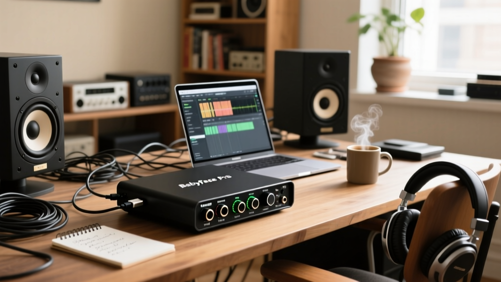 RME Babyface Pro FS audio interface connected to a laptop on a cluttered wooden desk with studio monitors in the background