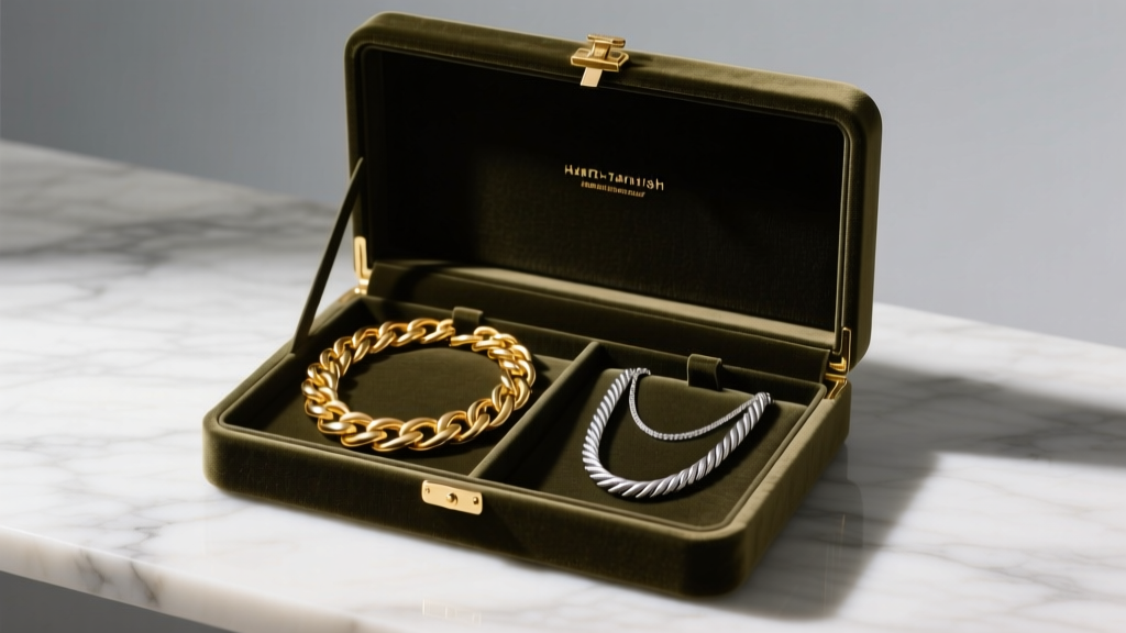 Open anti-tarnish velvet jewelry box showing separate compartments holding thick gold Cuban link and silver rope chain necklaces.