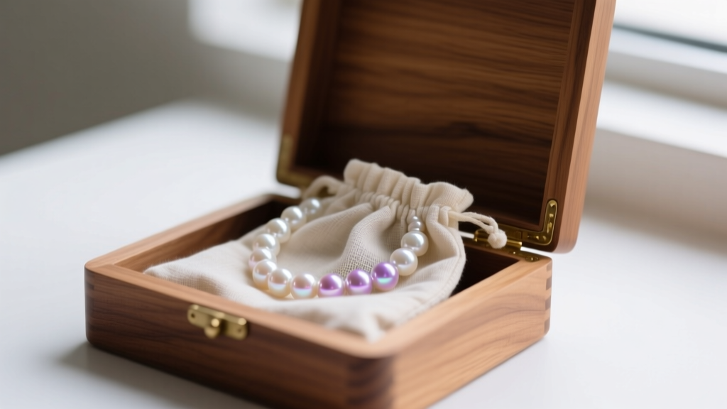Cedar box showing a pearl necklace in a breathable cotton pouch, avoiding airtight plastic to prevent nacre dehydration