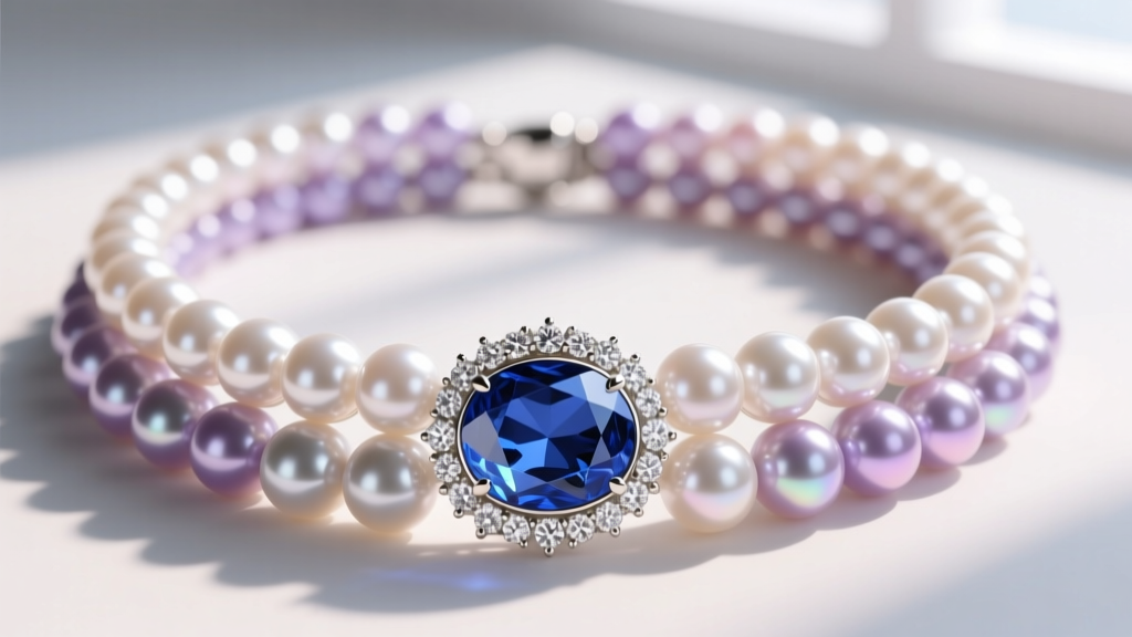 Macro photography of a seven-strand cultured pearl choker featuring a large oval blue sapphire clasp surrounded by diamond melee