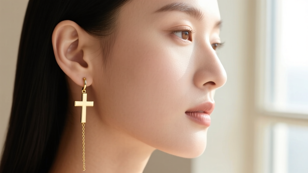 Woman wearing light gold dangle cross earrings resting flat on the lobe without causing any ear stretching or drooping over time
