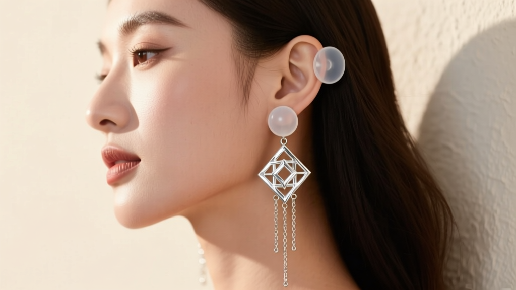 Side profile of a woman wearing silver holiday dangle earrings with jumbo silicone backs, showing proper earlobe weight support
