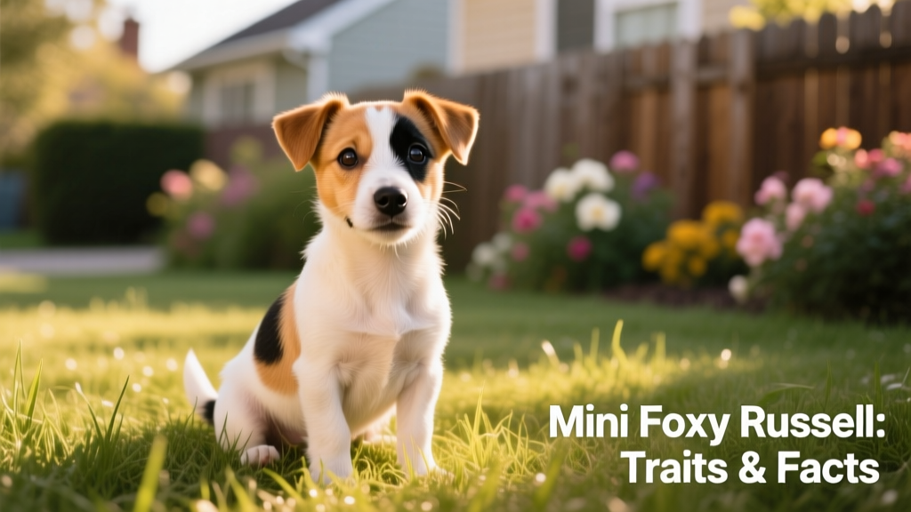 A playful Mini Foxy Russell puppy sitting on grass, alert and bright-eyed