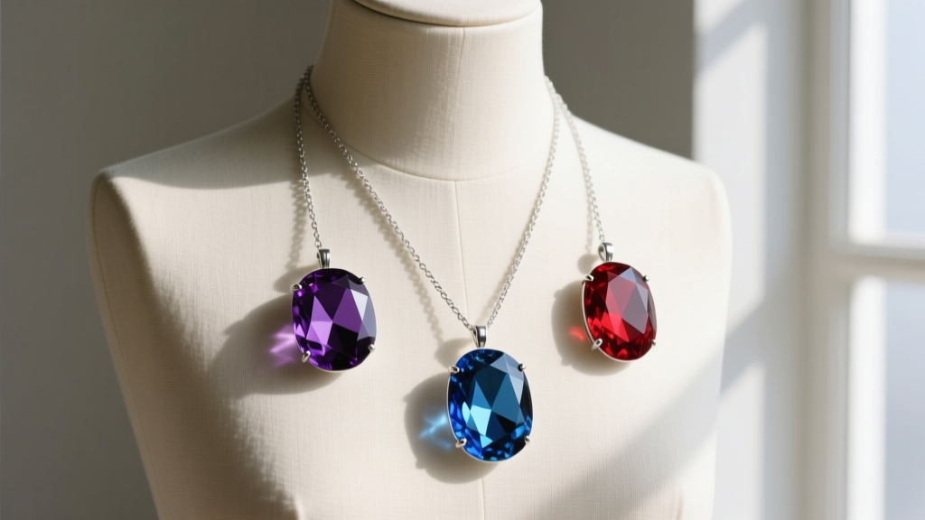 Three pendants with purple, blue, and red faceted glass gems on silver chains, elegantly displayed on a neutral linen mannequin