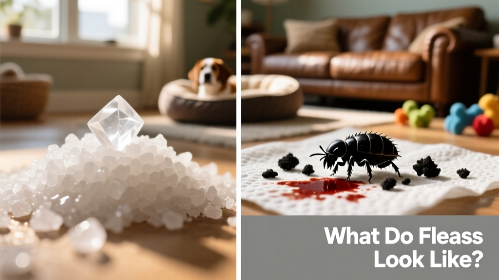 Side-by-side comparison: flea dirt (black specks) next to actual salt grains, with a damp paper towel showing red stains where flea dirt dissolved