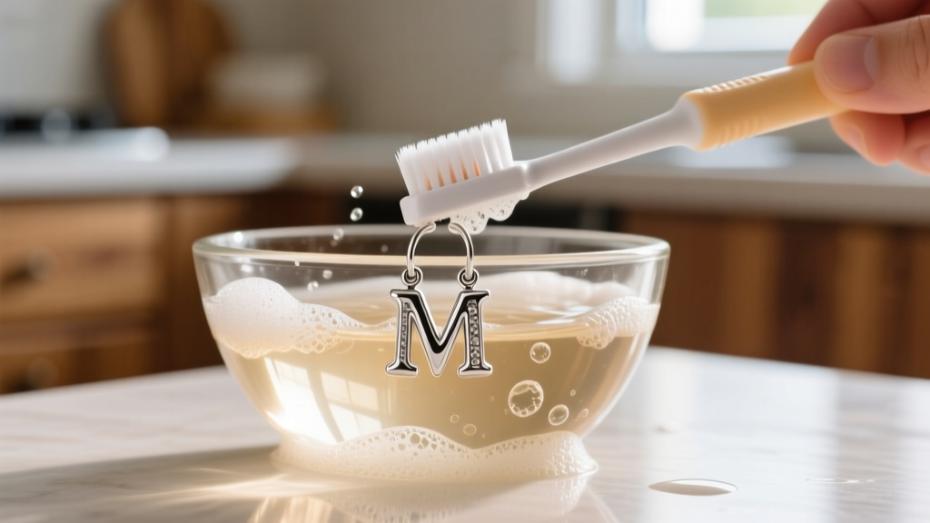 Baby toothbrush scrubbing a sterling silver letter M earring in a glass bowl of warm soapy water, bright natural lighting setup