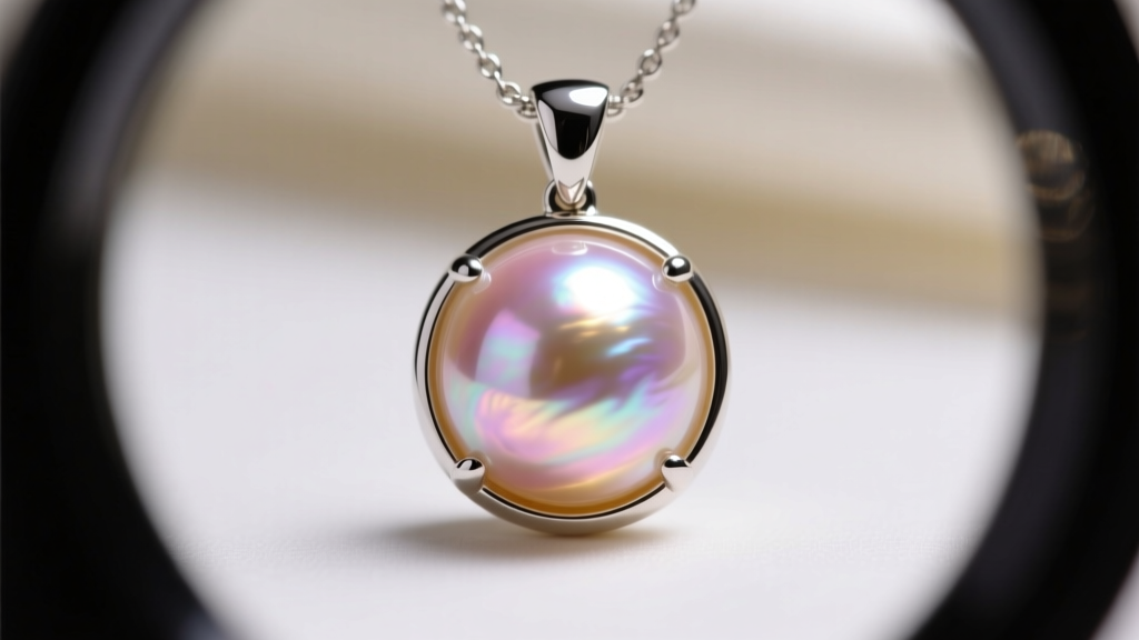 Loupe view of a mabe pearl necklace pendant showing a closed-bezel setting protecting the delicate equator seam from moisture.
