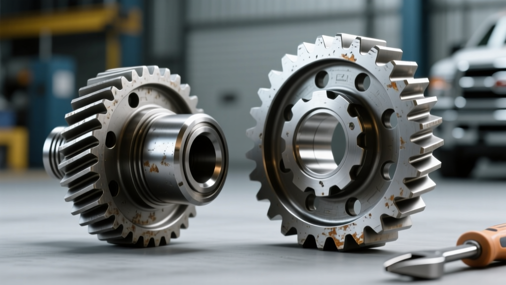 Comparison of stock NV4500 fifth gear assembly next to upgraded aftermarket heavy-duty fifth gear set for Dodge Ram trucks