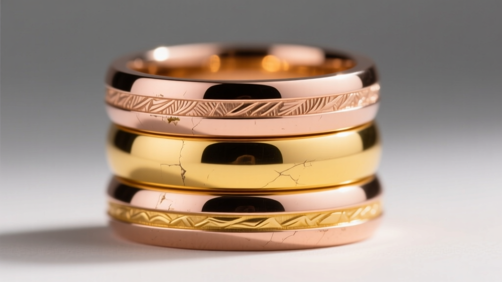 Stacked rose and yellow gold rings showing microscopic wear patterns and slight patina development along the metal contact edges.