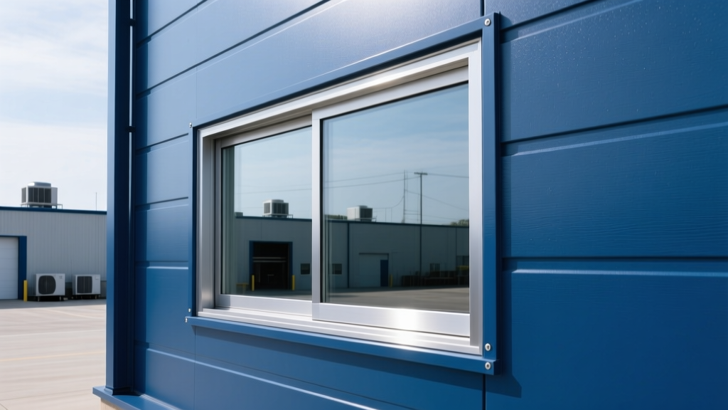 Self-framing aluminum window with EPDM flanges mounted directly onto blue PBR steel siding of a commercial warehouse exterior