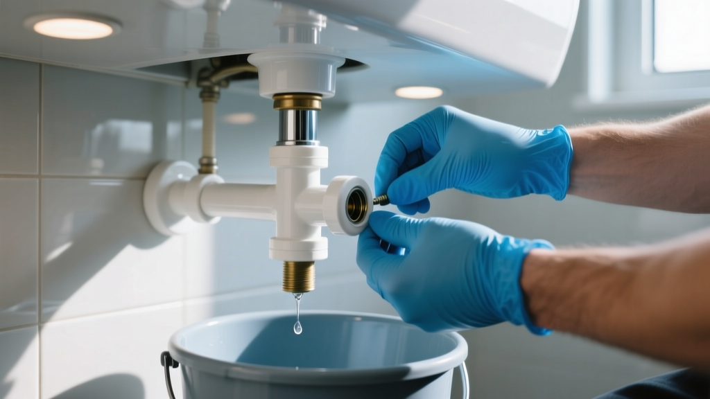 Hands wearing blue nitrile gloves carefully unscrewing the white PVC P-trap slip nuts under a modern bathroom vanity sink with a bucket.