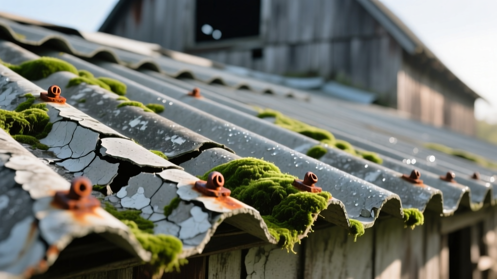 Weathered corrugated transite asbestos cement roof panels on an old barn showing moss, rusted fasteners, and gray surface wear